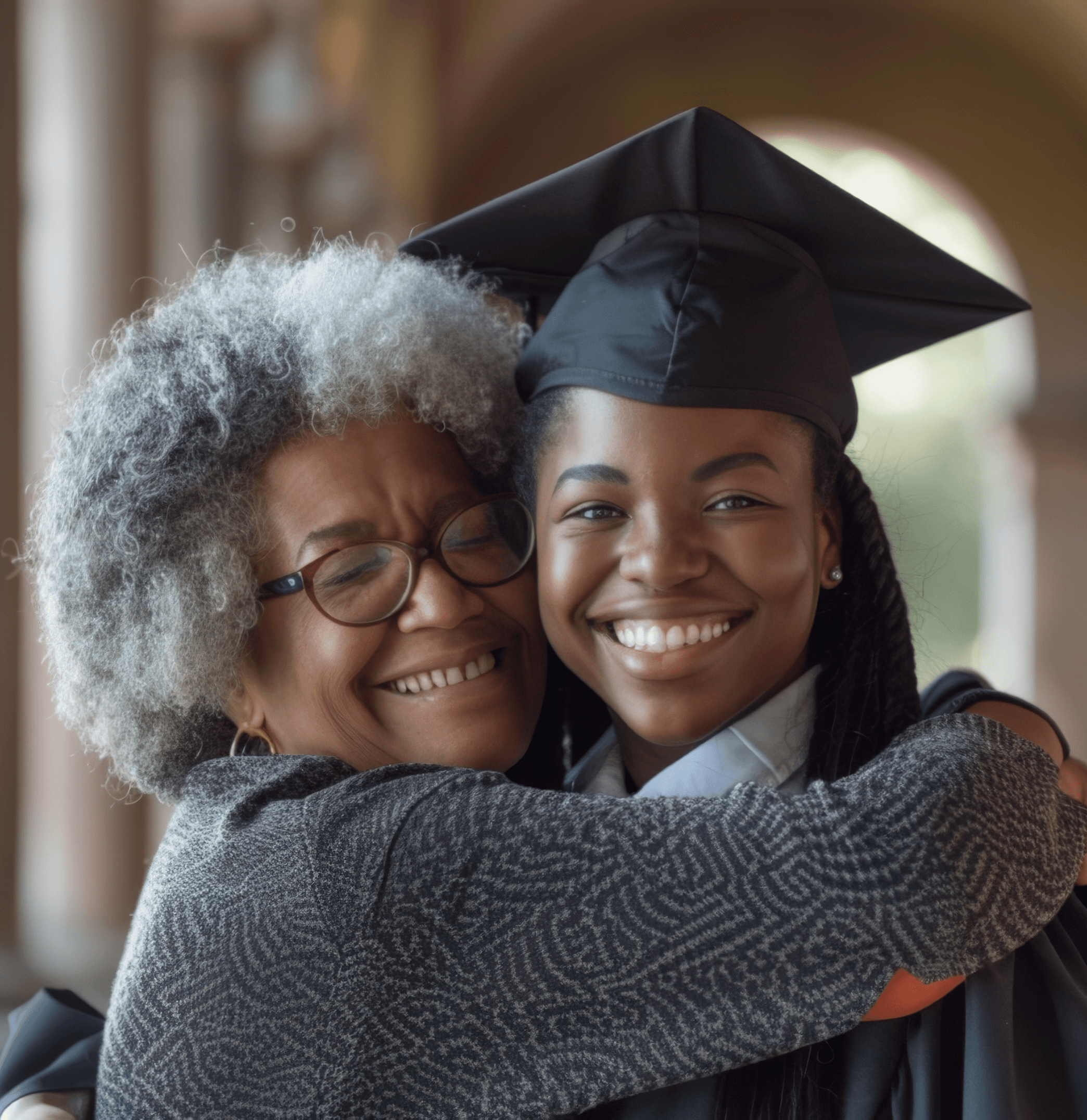 A grandmother embracing her granddaughter at graduation